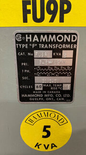 HAMMOND- FU9P 5kVA 546-627V - 120/240V Isolation Transformer Product Image